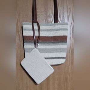 Striped Crochet Shoulder Bag&The Wristlet Set With Brown Leather Straps